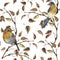 Watercolor seamless pattern with robin sitting on tree branch. Autumn illustration with birds and fall leaves isolated