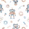 Watercolor seamless pattern with robots, gears, hammer, bolts, spring, wrench, cord