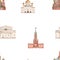 Watercolor seamless pattern with Russian landmarks, Kremlin, St. Basil`s Cathedral, Cathedral of Christ the Savior, Bolshoi