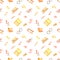 Watercolor seamless pattern with school objects, books, notebooks, glasses, autumn leaves on a white background