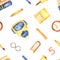 Watercolor seamless pattern with school objects, books, school bag, pen, clock