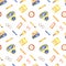 Watercolor seamless pattern with school objects, books, school bag, pen, clock on a white background