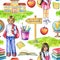 Watercolor seamless pattern with school subjects and children