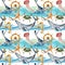 Watercolor seamless pattern with sea animals. Hand painted whale, jellyfish, starfish, crab and helm illustration