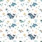 Watercolor seamless pattern with sea creatures, marine animals, rbs, jellyfish, whale, narwhal, dolphin, corals, algae, shells,
