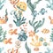 Watercolor seamless pattern with sea creatures, marine animals, ryami, jellyfish, corals, algae, shells, starfish