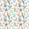 Watercolor seamless pattern with sea creatures, marine animals, ryami, jellyfish, corals, algae, shells, starfish on a white