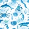 Watercolor seamless pattern with sea creatures on white.