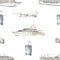 Watercolor seamless pattern sea cruise with cruise ship, suitcase, camera, airplane on white background