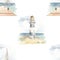 Watercolor seamless pattern sea cruise with seascape, yacht, lighthouse on white background