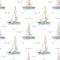 Watercolor seamless pattern sea cruise with yacht, catamaran in the sea and seagulls on white background