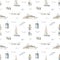 Watercolor seamless pattern sea cruise with yacht, lighthouse, airplane, suitcase, camera, beach umbrella on white background