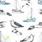 Watercolor seamless pattern with seagulls and a yacht