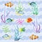 Watercolor seamless pattern with seaweed and marine bright fish.