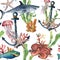Watercolor seamless pattern with shark, anchor and sea animals. Hand painted plumeria, octopus, jellyfish, parrotfish