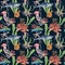 Watercolor seamless pattern with shark and laminaria branch. Hand painted parrotfish, starfish, jellyfish, octopus