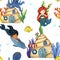 Watercolor seamless pattern shell house, cute mermaid, dolphin and blue violet seaweed. Seabed ocean, underwater