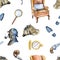 Watercolor seamless pattern with Sherlock Holmes objects