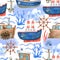 Watercolor seamless pattern with ships, steering wheels and sea waves on white