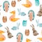 Watercolor seamless pattern with simple animals on white background