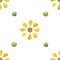 Watercolor Seamless pattern of simple flowers and dots. Yellow and green on white.