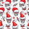 Watercolor seamless pattern with sketchy skulls in Santa hat, snowfalkes, leaves. Cretive New Year. Celebration