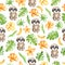 Watercolor seamless pattern with sloth, leaves, yellow flowers, banana