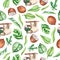 Watercolor seamless pattern with sloths on a twig, leaves, coconut