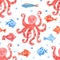 Watercolor seamless pattern with smiling octopuses, pearls and colorful  fish