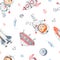 Watercolor seamless pattern space with little astronauts, rocket, shuttle, flying saucer, comets, meteorites, planet