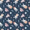 Watercolor seamless pattern space with little astronauts, rocket, shuttle, flying saucer, comets, meteorites, planet on a blue