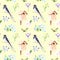 Watercolor seamless pattern - spring, birds, chicks, nest