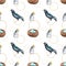 Watercolor seamless pattern - spring, birds, chicks, nest