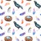 Watercolor seamless pattern - spring, birds, chicks nest