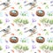 Watercolor seamless pattern - spring, birds, chicks nest