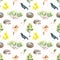 Watercolor seamless pattern - spring, birds, chicks nest, Hedgehog