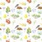 Watercolor seamless pattern - spring, birds, squirrel, stump