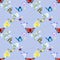 Watercolor seamless pattern - spring flowers, first, butterfly