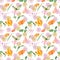 Watercolor seamless pattern - spring flowers, first, butterfly