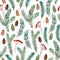 Watercolor seamless pattern of spruce branch, cone and berry