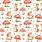 Watercolor seamless pattern with squirrel, fly agaric and leaves isolated on white background