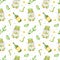 Watercolor seamless pattern for St. Patrick's Day. Illustration with gnome, whiskey, stocking and branch and coin