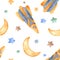 Watercolor seamless pattern with stars, rocket, month.