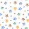 Watercolor seamless pattern with stars, rocket, month.