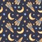 Watercolor seamless pattern with stars, rocket, month.