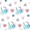 Watercolor seamless pattern with stones beach sea shells and small crab. Hand drawn texture on white background