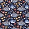 Watercolor seamless pattern with submarine, underwater creatures, seashell stones.
