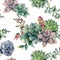 Watercolor seamless pattern with succulent bouquet and red berries. Hand painted flowers, branch and hypericum isolated