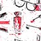 Watercolor seamless pattern with sunglasses, mascara, nail polish