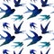 Watercolor seamless pattern of swallows silhouettes in blue